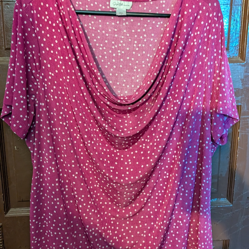 Jessica Simpson Size 1x Pink Polka Dot Drape Neck Blouse